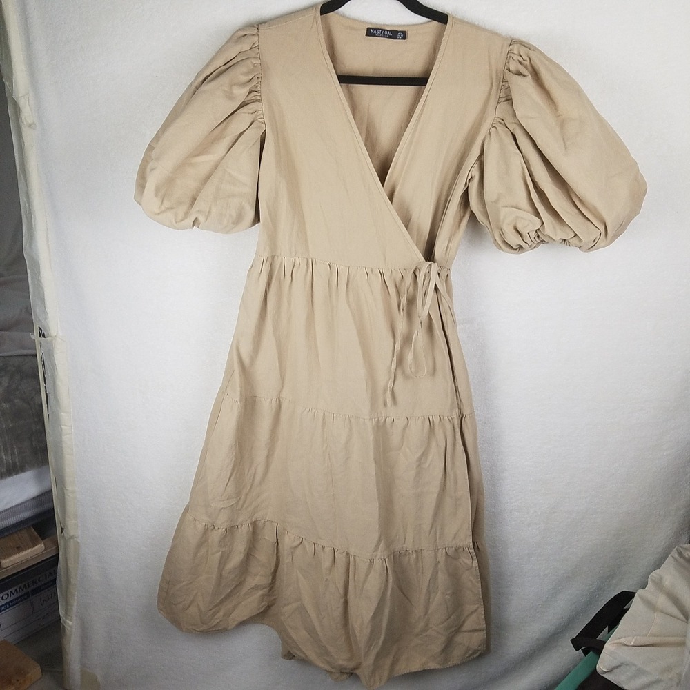 Nasty Gal Wrap Dress Womens 10 Tan Puff Sleeve Tiered Midi Khaki‎ Boho